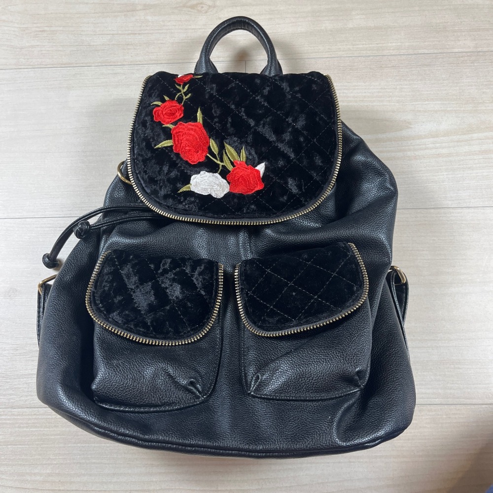 Dream Control NY Black Faux Leather Floral Embroidered Velvet Quilted Backpack